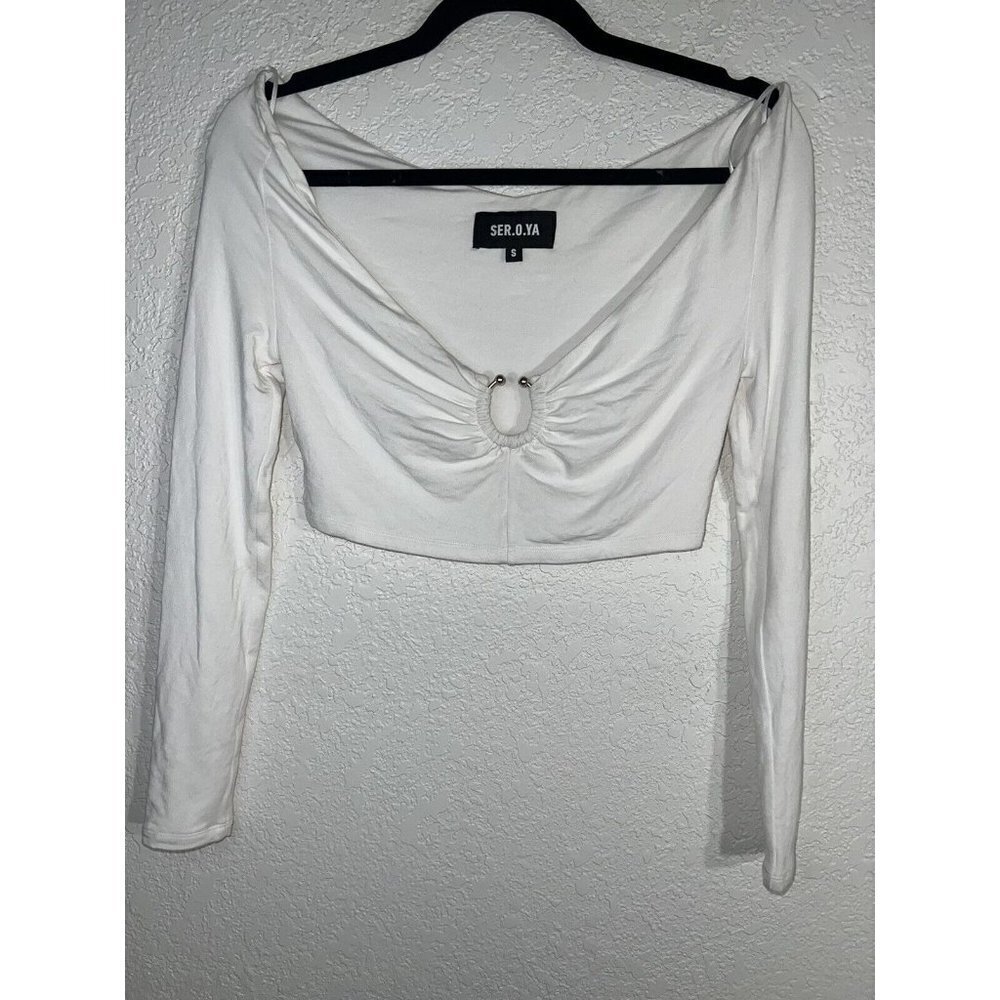 Ser.o.ya White Crop Top Long Sleeve Size Small NEW NWTS Metal Accent U